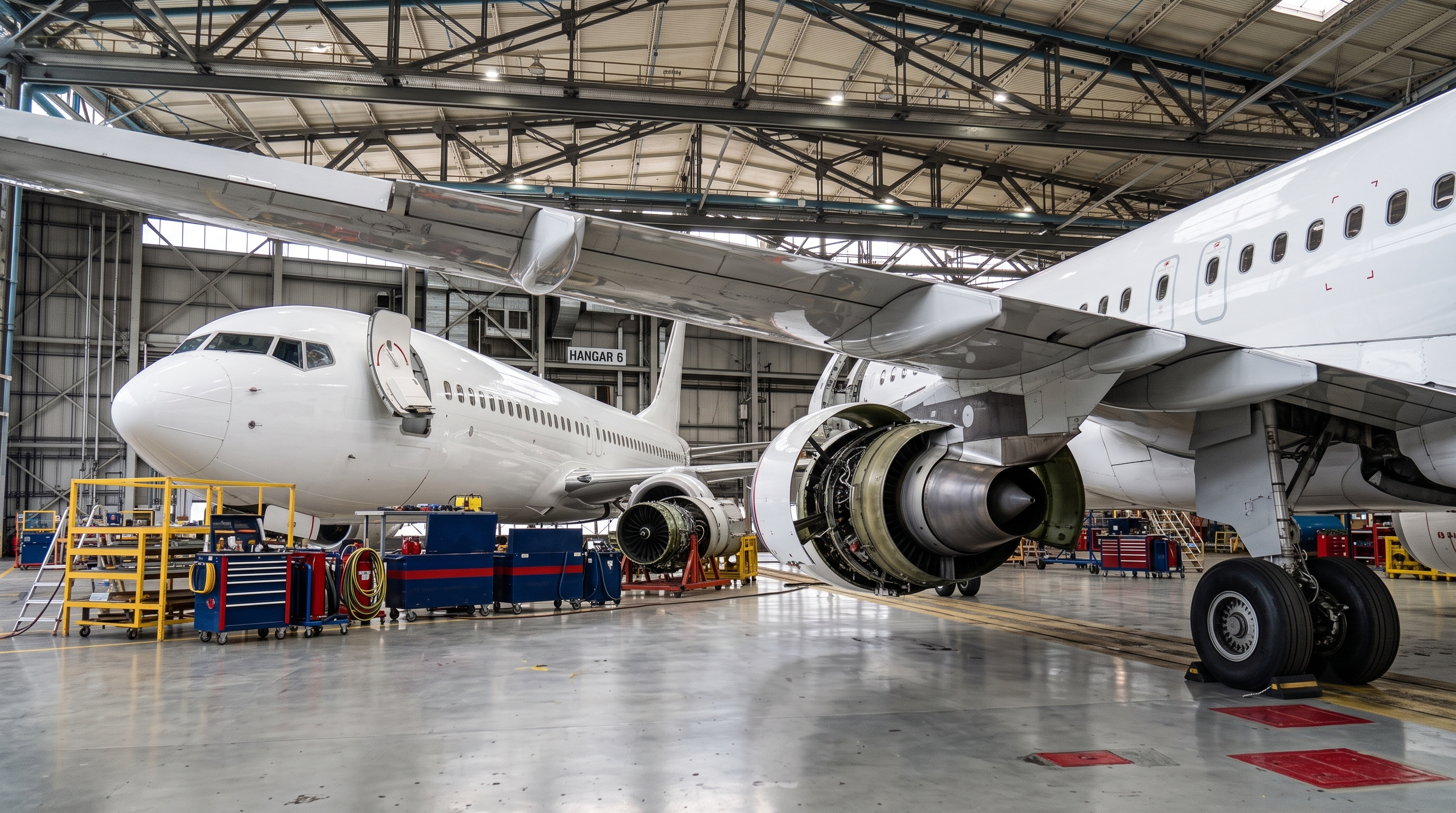 Two commercial aircraft in engineering hangar
